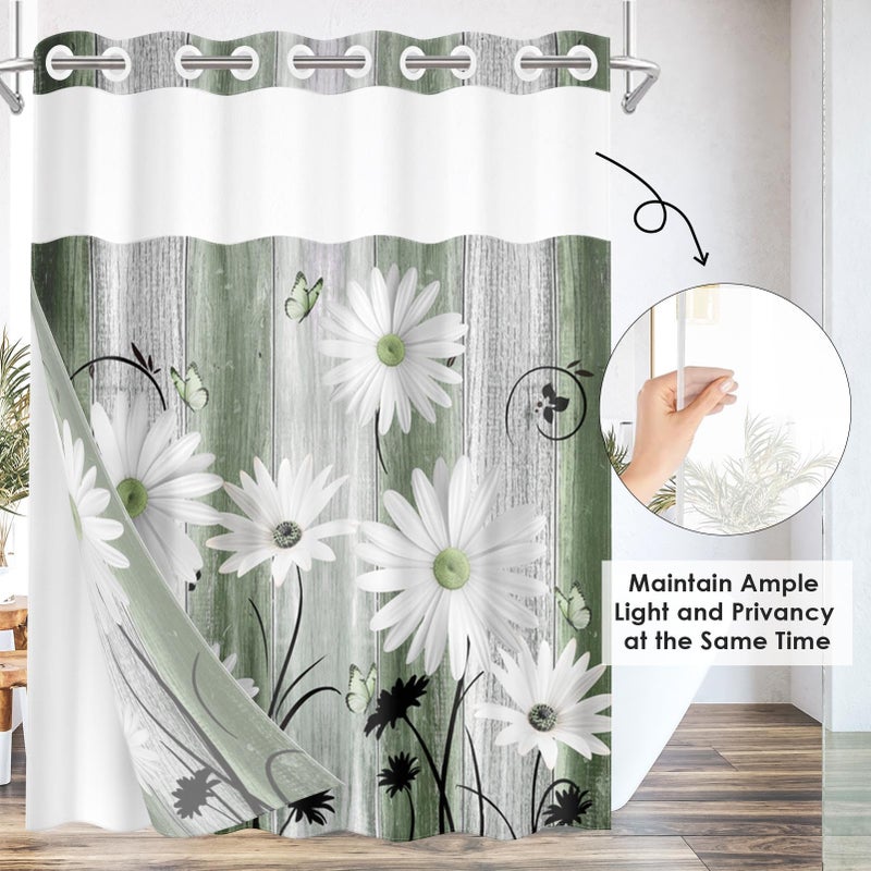 Nesphy No Hook Green Daisy and Butterfly Shower Curtain with Snap in Fabric Liner Set  Rustic Farmhouse Double Layers Waterproof Fabric with See Through Top Window Open Grommet Bath Curtain 71x74 Inch - Image 4