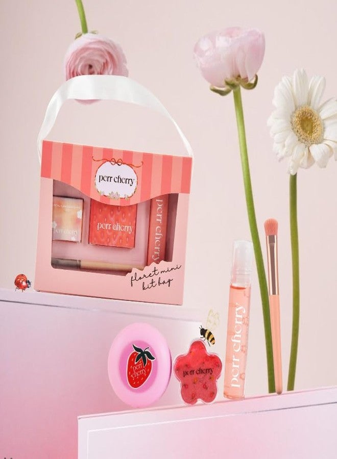 Perr Cherry 4 PCS Organic Makeup Kit for Kids, Preteens & Teen Girls | 100% Natural & Skin Friendly | Includes Eye & Cheek Highlighter, Lip & Cheek Tint, Lip Oil, Brush (Floret Kit, Assorted Colour) - Image 3