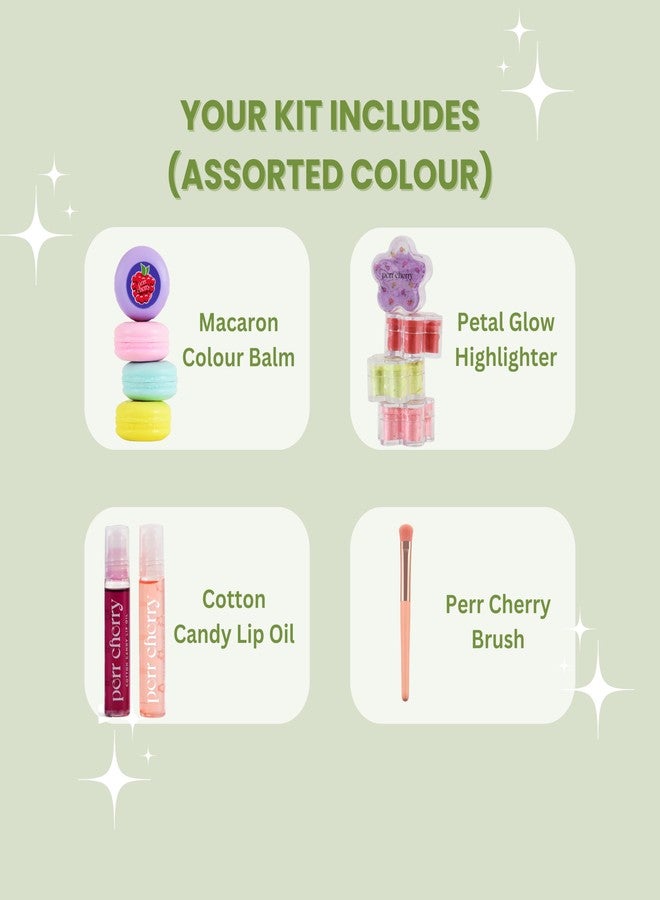 Perr Cherry 4 PCS Organic Makeup Kit for Kids, Preteens & Teen Girls | 100% Natural & Skin Friendly | Includes Eye & Cheek Highlighter, Lip & Cheek Tint, Lip Oil, Brush (Floret Kit, Assorted Colour) - Image 4