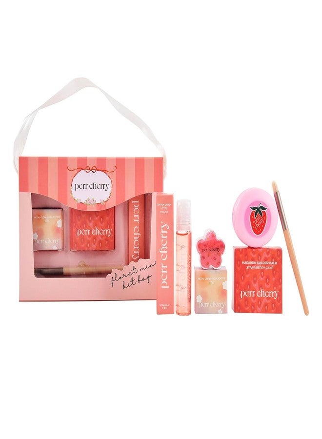 Perr Cherry 4 PCS Organic Makeup Kit for Kids, Preteens & Teen Girls | 100% Natural & Skin Friendly | Includes Eye & Cheek Highlighter, Lip & Cheek Tint, Lip Oil, Brush (Floret Kit, Assorted Colour) - Image 1