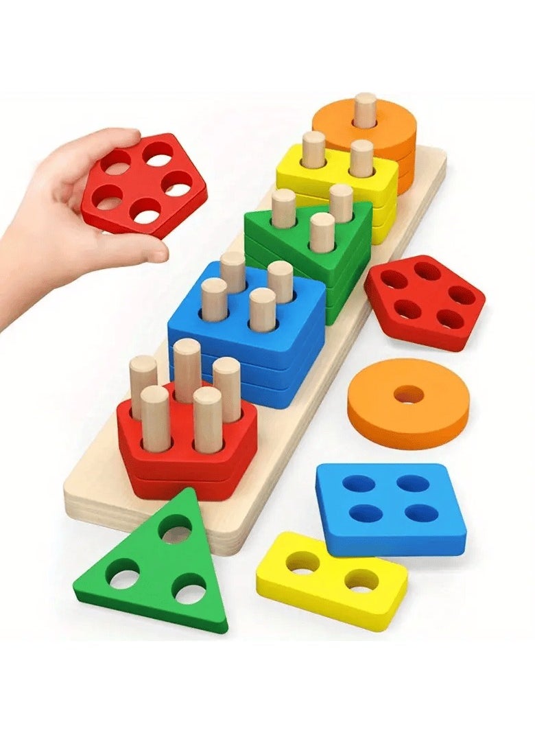 Generic - Wooden Shape Sorting Puzzle Toy – Montessori Stacking Geometry Blocks for Toddlers, Early Learning Educational Toy for Boys and Girls - Image 1