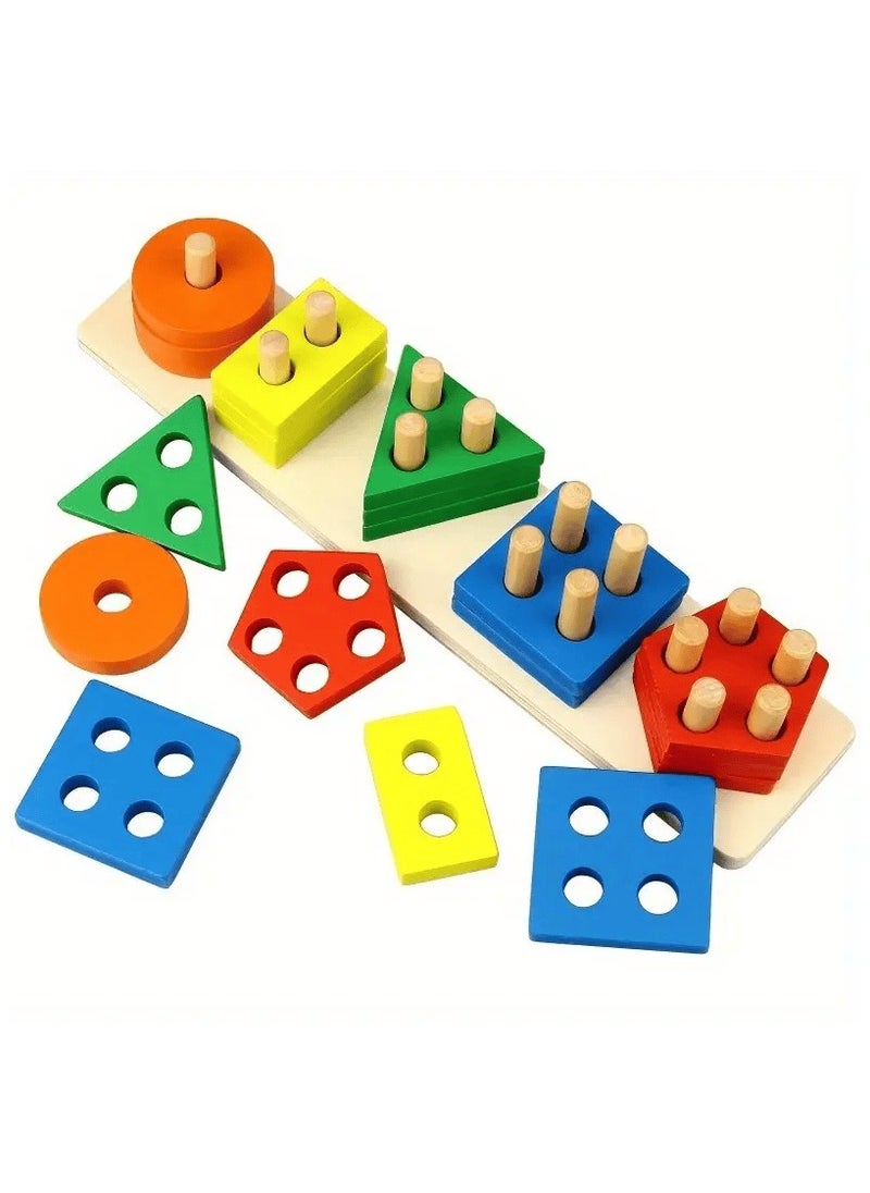 Generic - Wooden Shape Sorting Puzzle Toy – Montessori Stacking Geometry Blocks for Toddlers, Early Learning Educational Toy for Boys and Girls - Image 1