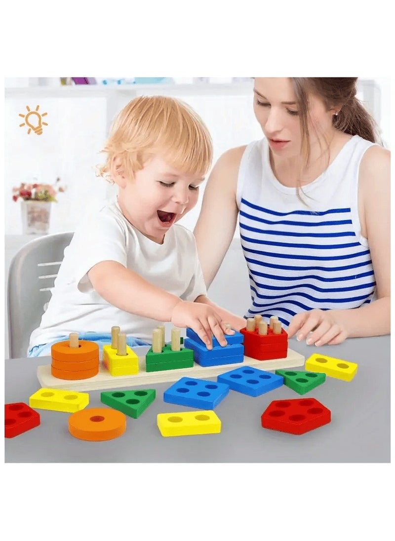 Generic - Wooden Shape Sorting Puzzle Toy – Montessori Stacking Geometry Blocks for Toddlers, Early Learning Educational Toy for Boys and Girls - Image 1