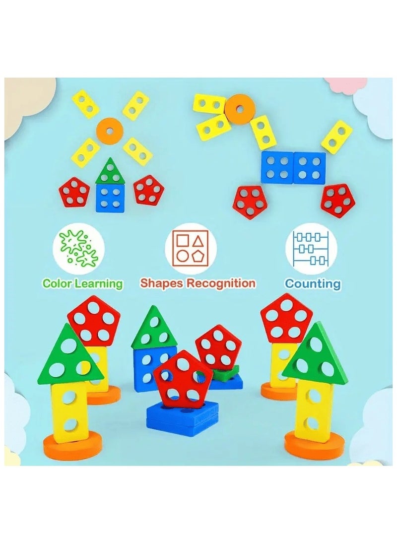 Generic - Wooden Shape Sorting Puzzle Toy – Montessori Stacking Geometry Blocks for Toddlers, Early Learning Educational Toy for Boys and Girls - Image 1