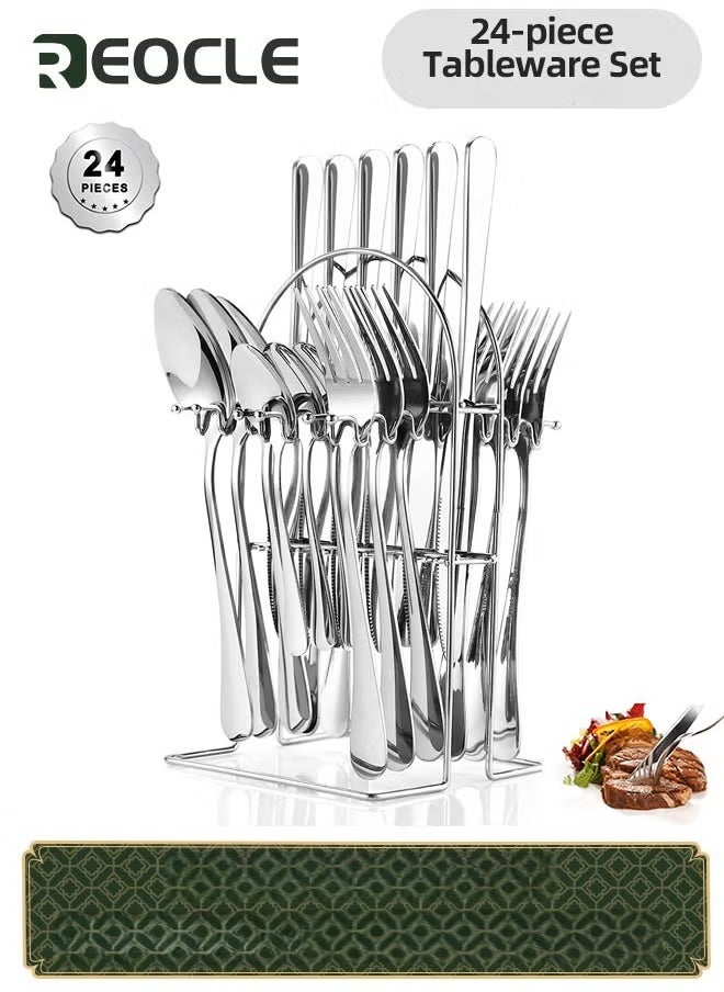 REOCLE Silverware Set Tableware 24 Pieces Flatware Set With Stand Stainless Steel Kitchen Utensils Set for 6 Guests Mirror Polished Cutlery Set Spoon and Fork Set Knife Silverware - Image 1
