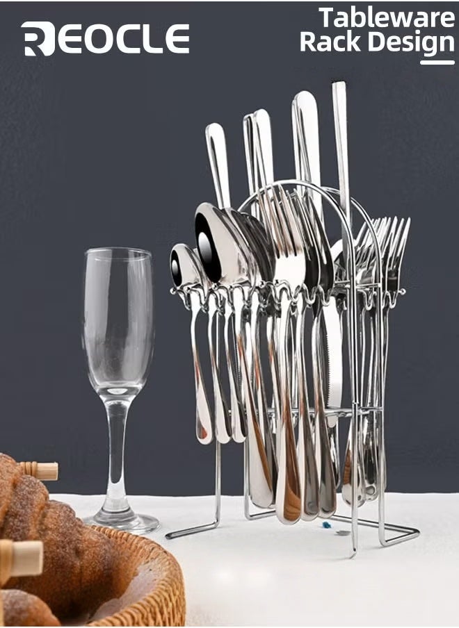 REOCLE Silverware Set Tableware 24 Pieces Flatware Set With Stand Stainless Steel Kitchen Utensils Set for 6 Guests Mirror Polished Cutlery Set Spoon and Fork Set Knife Silverware - Image 2