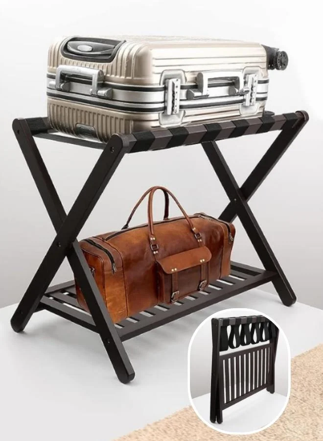 QUESERA Luggage Rack, Bamboo Folding Luggage Rack Suitcase Stand with Storage Shelf for Home Bedroom Guest Room - Black