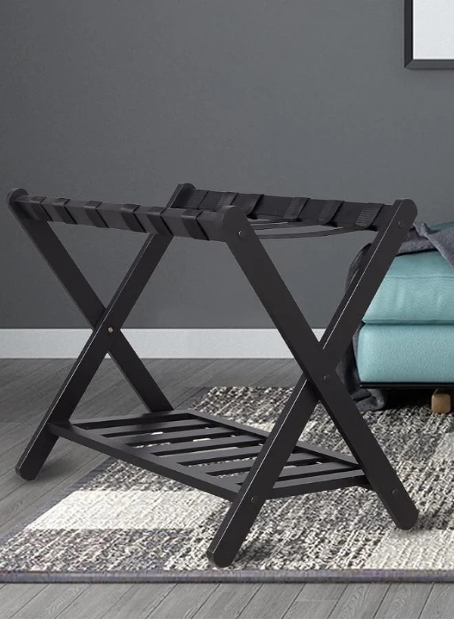 QUESERA Luggage Rack, Bamboo Folding Luggage Rack Suitcase Stand with Storage Shelf for Home Bedroom Guest Room - Black