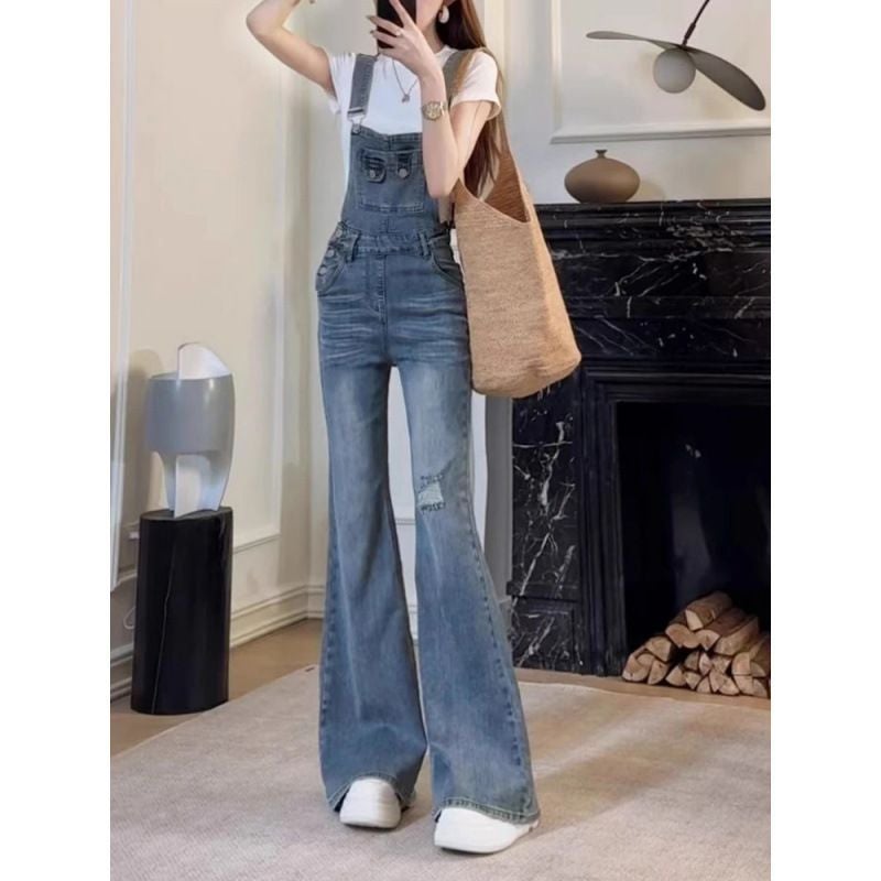 French-Style Spring And Retro High-Waisted Ripped Niche Design Fashionable Casual Slim-Fit Denim Overalls