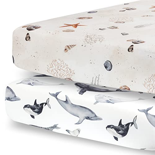 Pobibaby  2 Pack Premium Fitted Baby Boy Crib Sheets for Standard Crib Mattress  UltraSoft Jersey Knit Safe and Snug and Stylish Ocean Crib Sheet Seaside