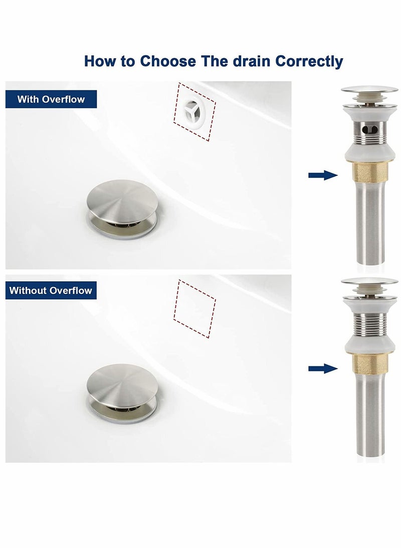 SYOSI Bathroom Sink Drain with Overflow, 304 Stainless Steel Pop-up Drain with Detachable Strainer Basket, Anti-Clogging Hair Catcher Assembly Stopper Vessel Sink (Brushed Nickel)  - Image 2