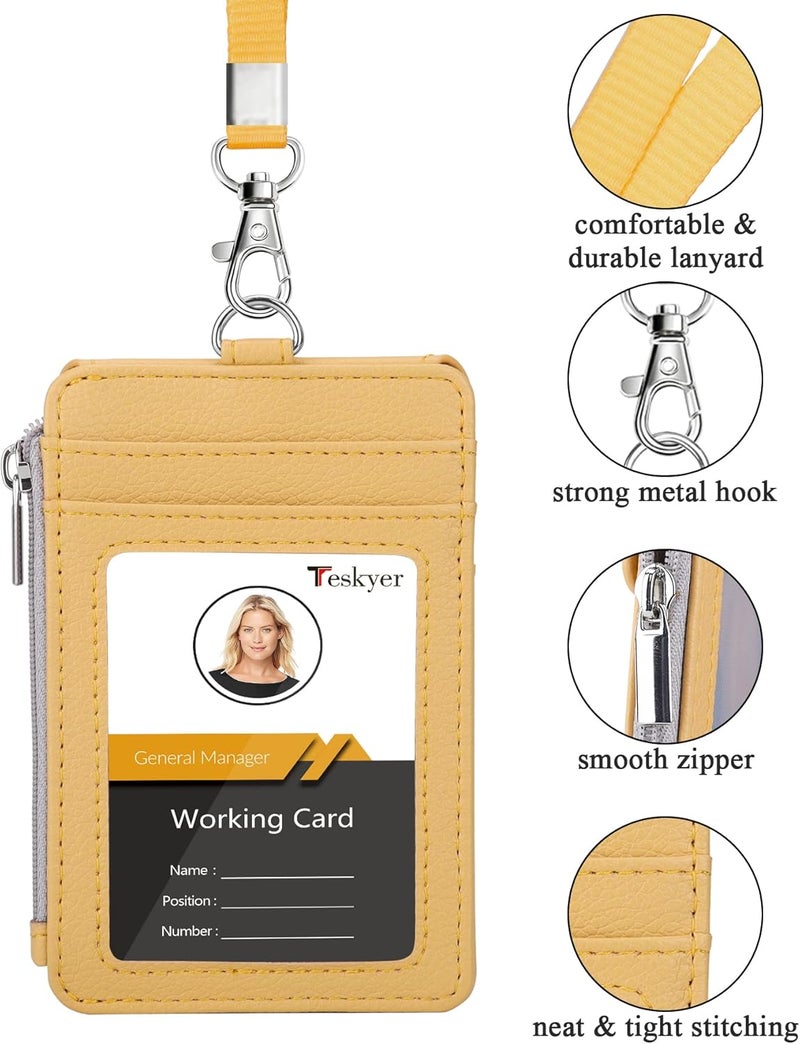 Teskyer Badge Holder with Side Zip Pocket, Multiple Card Slots Leather ID Holder Wallet with Neck Lanyard for Office Staffs, Teachers/Students, Workers, Cruise Cards, Bus/Metro Cards, Lichee Yellow - Image 2