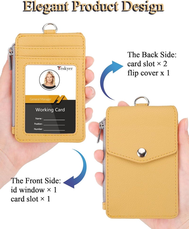 Teskyer Badge Holder with Side Zip Pocket, Multiple Card Slots Leather ID Holder Wallet with Neck Lanyard for Office Staffs, Teachers/Students, Workers, Cruise Cards, Bus/Metro Cards, Lichee Yellow - Image 3