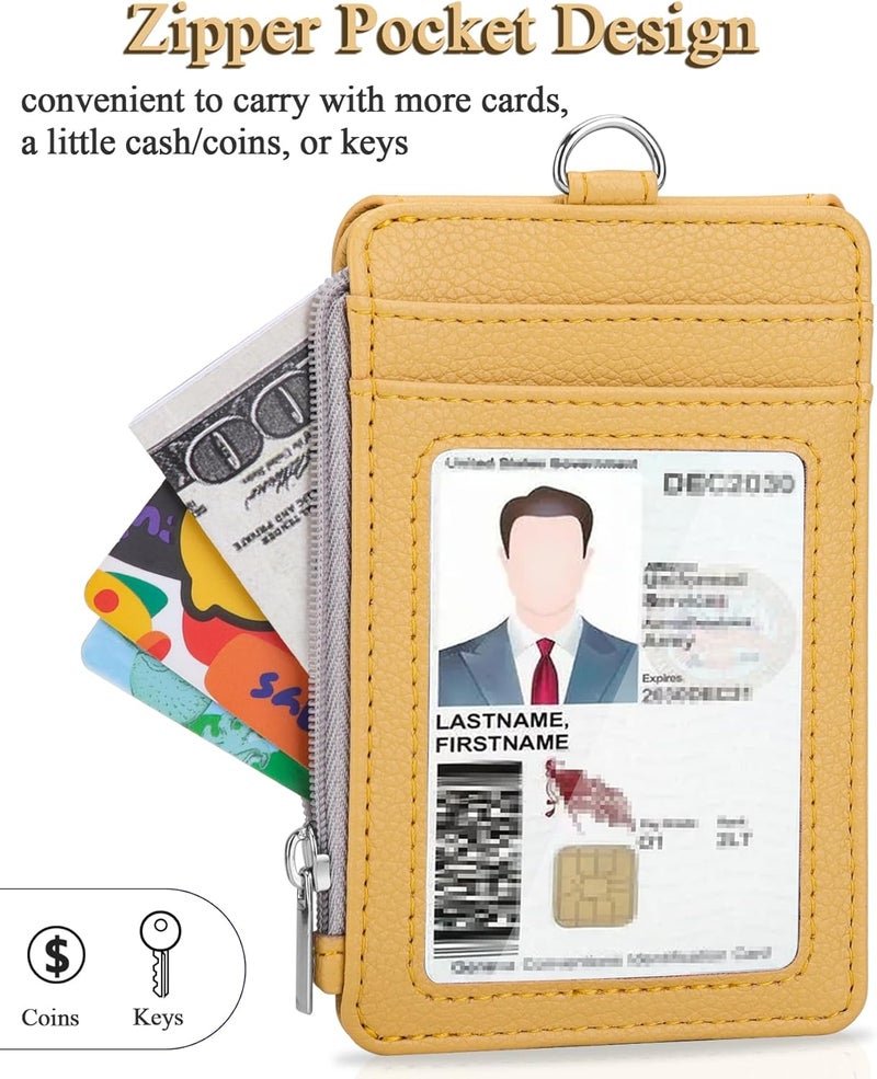 Teskyer Badge Holder with Side Zip Pocket, Multiple Card Slots Leather ID Holder Wallet with Neck Lanyard for Office Staffs, Teachers/Students, Workers, Cruise Cards, Bus/Metro Cards, Lichee Yellow - Image 5