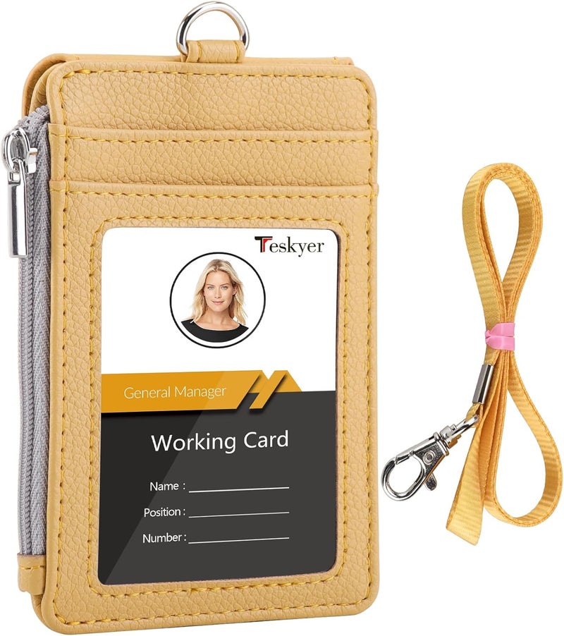 Teskyer Badge Holder with Side Zip Pocket, Multiple Card Slots Leather ID Holder Wallet with Neck Lanyard for Office Staffs, Teachers/Students, Workers, Cruise Cards, Bus/Metro Cards, Lichee Yellow - Image 1