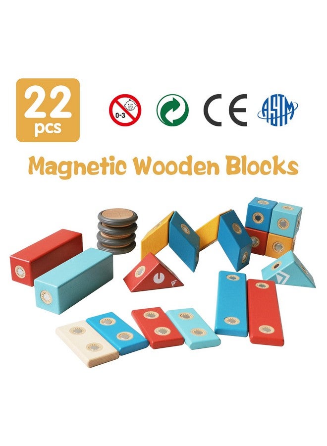 Magblock Magnetic Wooden Blocks Set, 22 Pieces Stem Travel Creativity Magnet Block Toys For 3 4 5 Year Old Age Girls Boys - Image 4