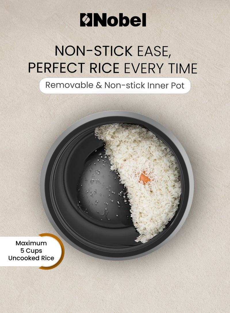 Nobel 1.0L Rice Cooker with Glass Lid, Auto Shut Off, Non-Stick Inner Pot, Cool Touch Handle, and Brushed Stainless Steel Housing – 400W with Cooking, Steaming, and Keep Warm Functions 1 L 400 W NRC100 white - Image 5