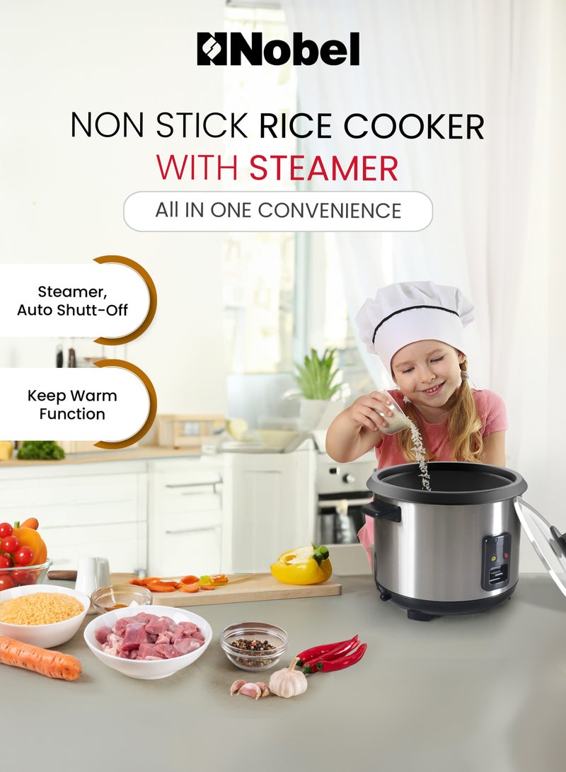 Nobel 1.0L Rice Cooker with Glass Lid, Auto Shut Off, Non-Stick Inner Pot, Cool Touch Handle, and Brushed Stainless Steel Housing – 400W with Cooking, Steaming, and Keep Warm Functions 1 L 400 W NRC100 white - Image 2