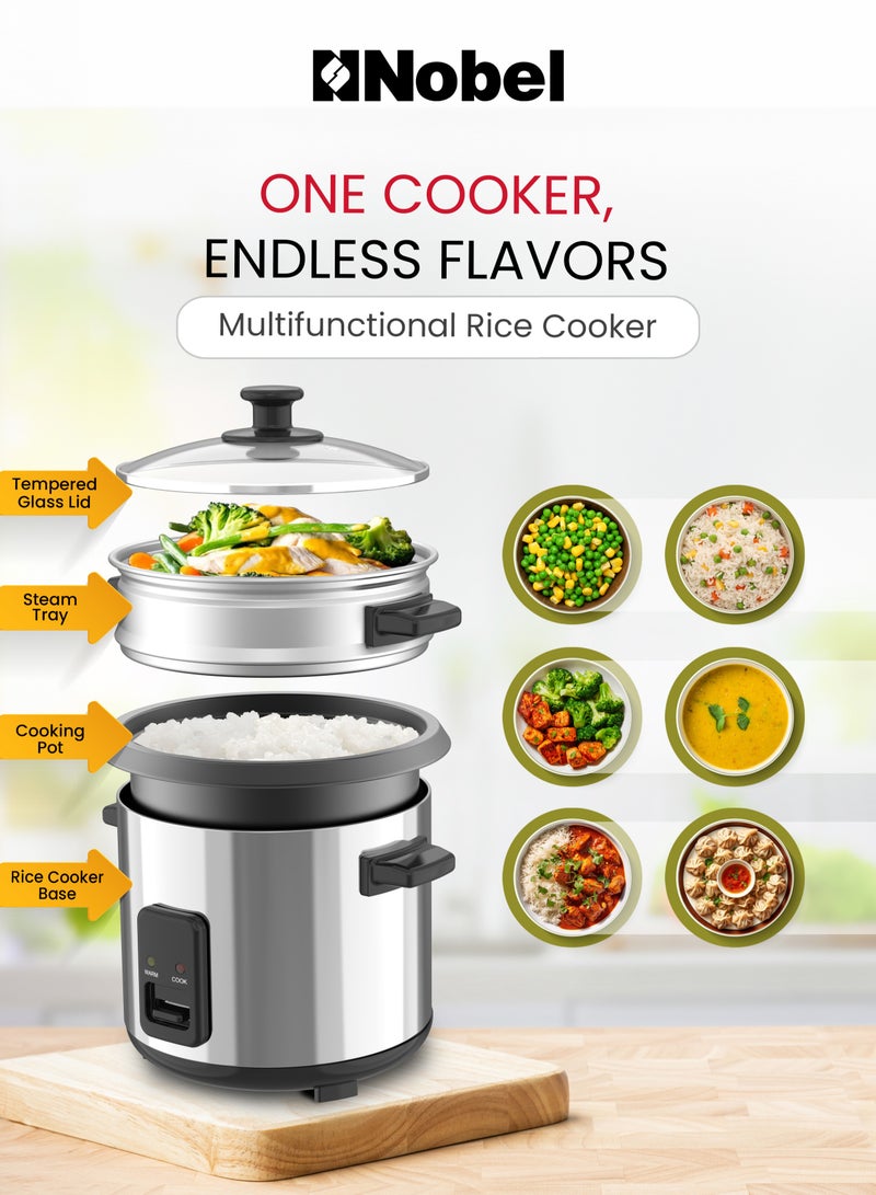 Nobel 1.0L Rice Cooker with Glass Lid, Auto Shut Off, Non-Stick Inner Pot, Cool Touch Handle, and Brushed Stainless Steel Housing – 400W with Cooking, Steaming, and Keep Warm Functions 1 L 400 W NRC100 white - Image 3
