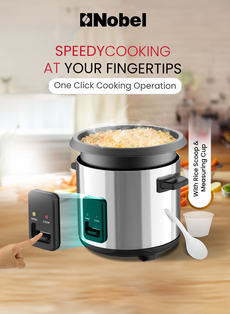 Nobel 1.0L Rice Cooker with Glass Lid, Auto Shut Off, Non-Stick Inner Pot, Cool Touch Handle, and Brushed Stainless Steel Housing – 400W with Cooking, Steaming, and Keep Warm Functions 1 L 400 W NRC100 white - Image 4