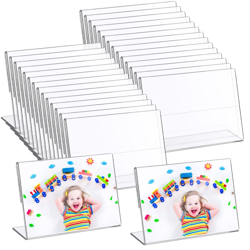 Tuanse 48 Pcs 5 x 35 Inch Acrylic Frame Acrylic Sign Holder Clear Picture Holder Horizontal Display Photo Booth Frame with Slanted Back for Home Office Wedding Birthday