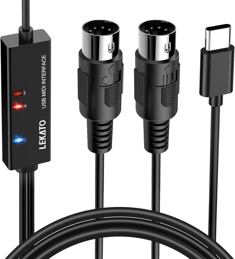 ليكاتو كابل LEKATO MIDI، واجهة MIDI إلى USB C، واجهة MIDI من نوع C مع مدخل ومخرج لتوصيل لوحة المفاتيح/المُركِّب للتحرير والتسجيل، كابل احترافي لنظامي Windows/Mac Studio - طول 6.5 قدم، أسود - Image 1