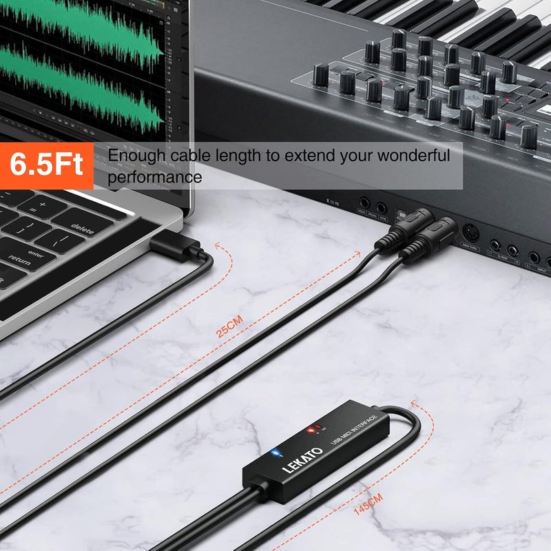ليكاتو كابل LEKATO MIDI، واجهة MIDI إلى USB C، واجهة MIDI من نوع C مع مدخل ومخرج لتوصيل لوحة المفاتيح/المُركِّب للتحرير والتسجيل، كابل احترافي لنظامي Windows/Mac Studio - طول 6.5 قدم، أسود - Image 4