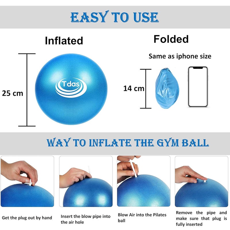 Tdas Polyvinyl Chloride (Pvc) Mini Gym Ball – 25 Cm Exercise Ball With Inflatable Straw Home Gym Swiss Yoga Fitness Physiotherapy Physio Massage Balls Birth Pregnancy Pilates (Blue, 25 Cm) - Image 3