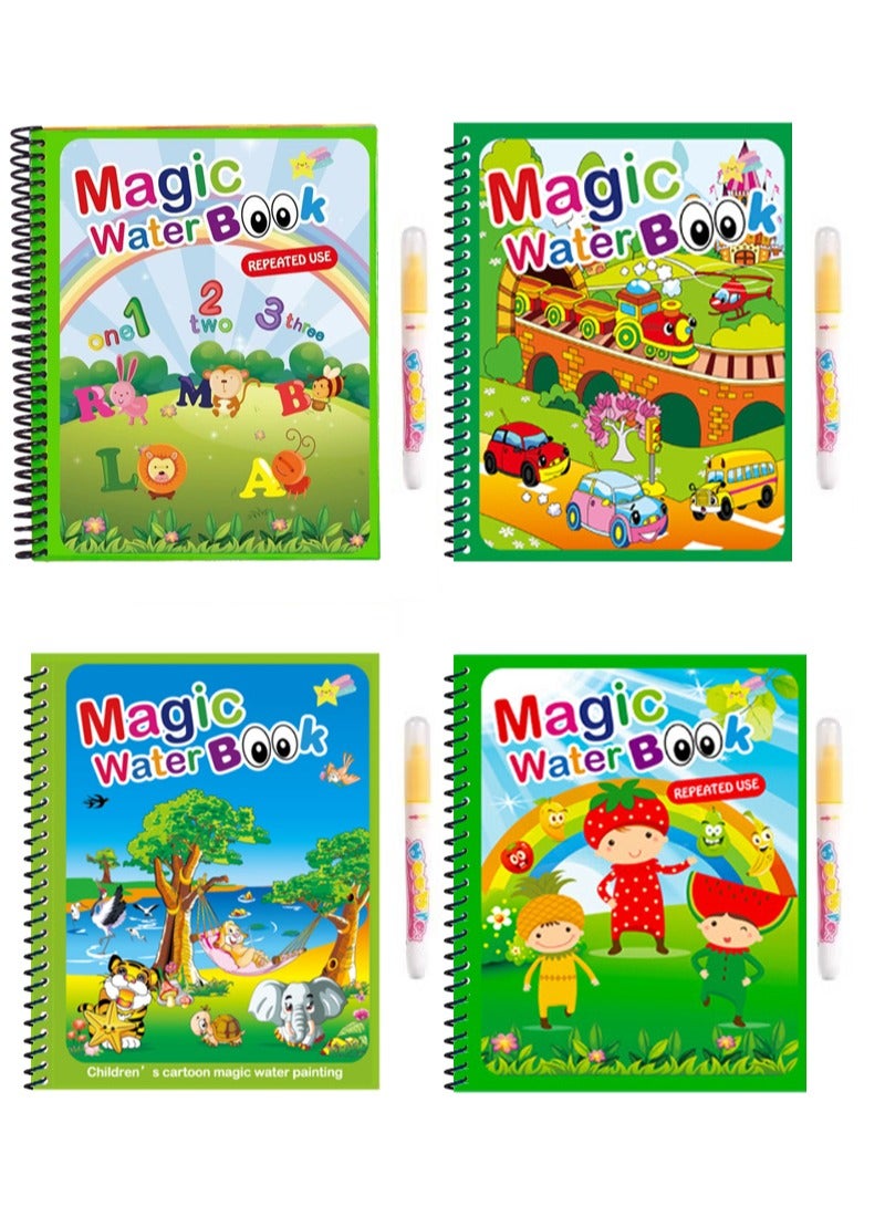 4 Pack Watercolor Magic Books Toddler Kids Reusable Drawing Cartoon Alphabet Fruits Animals Cars Coloring Book Boys Girls Educational Learning Toys Gift - Image 1
