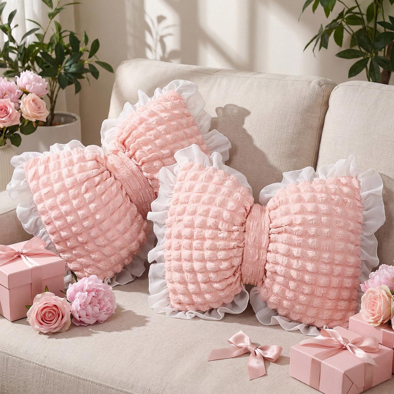 Yousoontic 2 Pcs Bow Pillows 15.7 * 12.6 in Coquette Throw Pillow Cute Bow Shaped Cushion Plush Lumbar Decorative for Girls Room Bed Sofa Couch Car(Puffy Velvet,Pink) - Image 4