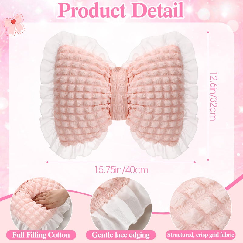 Yousoontic 2 Pcs Bow Pillows 15.7 * 12.6 in Coquette Throw Pillow Cute Bow Shaped Cushion Plush Lumbar Decorative for Girls Room Bed Sofa Couch Car(Puffy Velvet,Pink) - Image 2