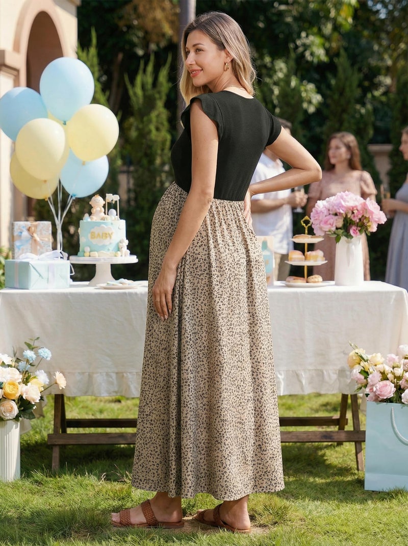OUGES Women 2026 Spring Summer Floral Maxi Dresses Maternity Clothes Casual Long Fashion Photoshoot Dress with Pockets(Floral A,L) - Image 5