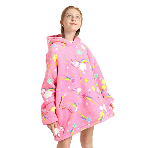 DESERT HOME Deserthome Wearable Blanket Hoodie for Kids 6-12YR Oversized Animal Hooded Blanket Super Soft Comfortable Warm Flannel Rainbow Unicorn - Image 4