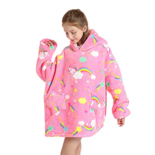 DESERT HOME Deserthome Wearable Blanket Hoodie for Kids 6-12YR Oversized Animal Hooded Blanket Super Soft Comfortable Warm Flannel Rainbow Unicorn - Image 3