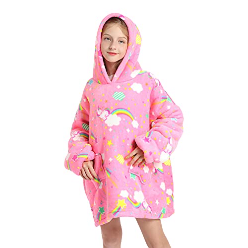 DESERT HOME Deserthome Wearable Blanket Hoodie for Kids 6-12YR Oversized Animal Hooded Blanket Super Soft Comfortable Warm Flannel Rainbow Unicorn - Image 2