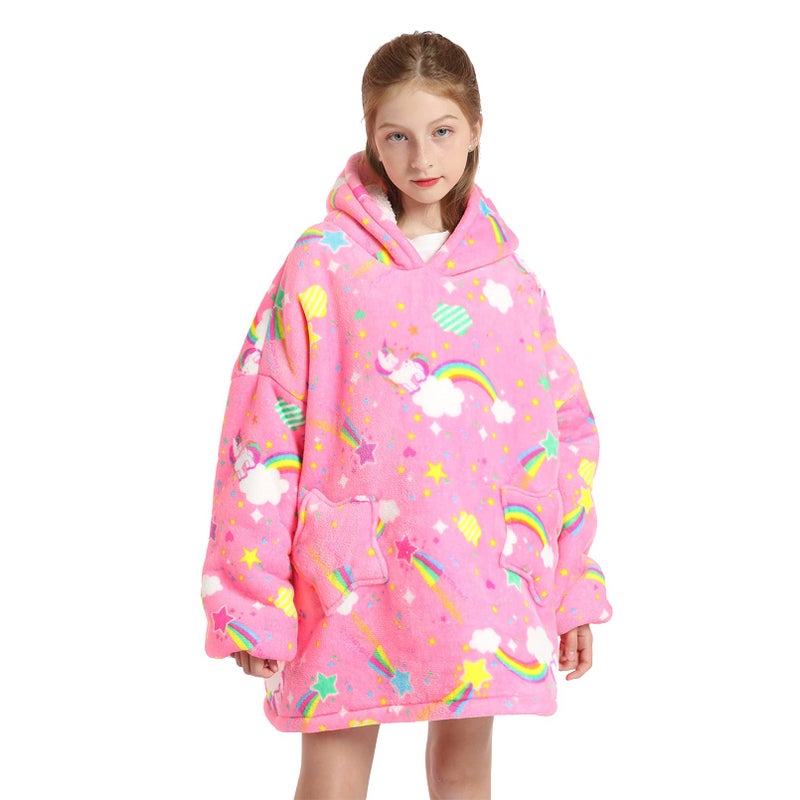 DESERT HOME Deserthome Wearable Blanket Hoodie for Kids 6-12YR Oversized Animal Hooded Blanket Super Soft Comfortable Warm Flannel Rainbow Unicorn - Image 5