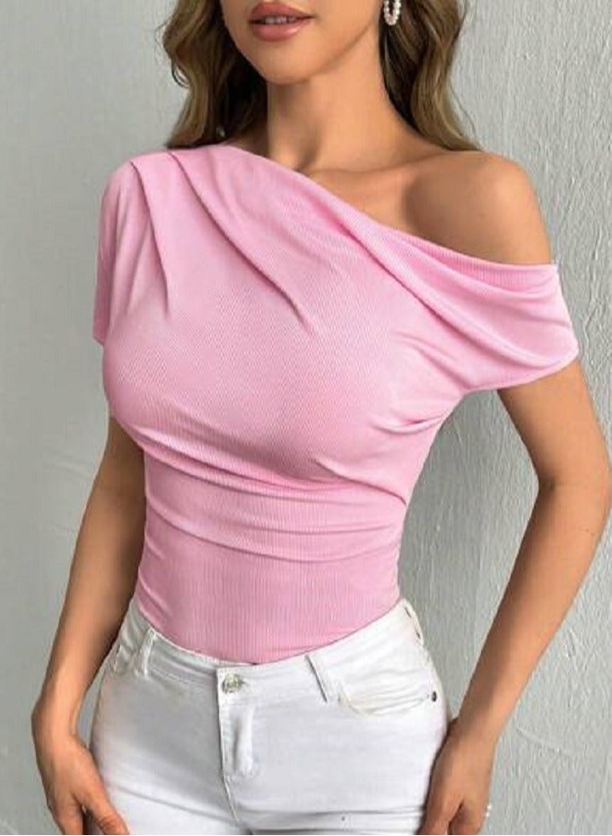 Shein SHEIN Privé Solid Asymmetrical Neck Ribbed Knit Tee  - Image 1