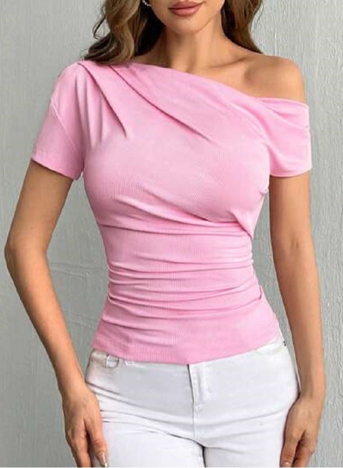 Shein SHEIN Privé Solid Asymmetrical Neck Ribbed Knit Tee  - Image 2
