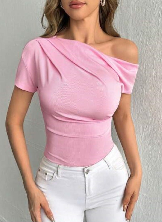 Shein SHEIN Privé Solid Asymmetrical Neck Ribbed Knit Tee  - Image 3