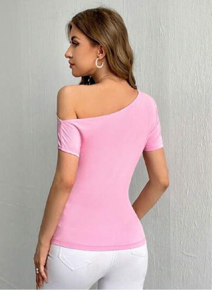 Shein SHEIN Privé Solid Asymmetrical Neck Ribbed Knit Tee  - Image 4
