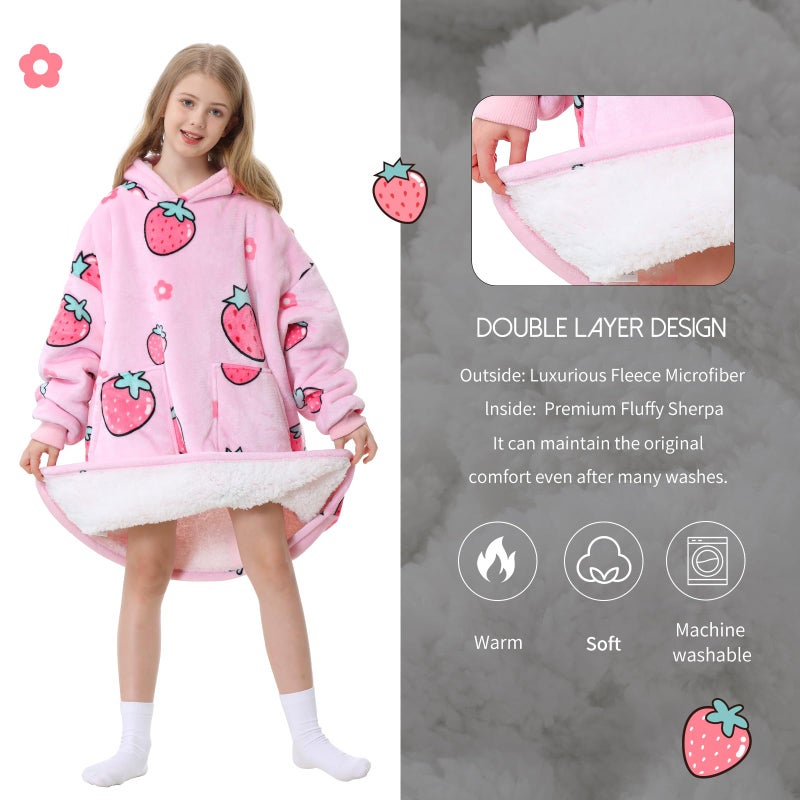 Aemicion Hoodie بطانية Aemicion للأطفال شيربا ذا كوزن ستيرت قميص يمكن ارتداؤها مع الفراولة الوردي كهدية للبنات ابنة الأصدقاء - Image 4