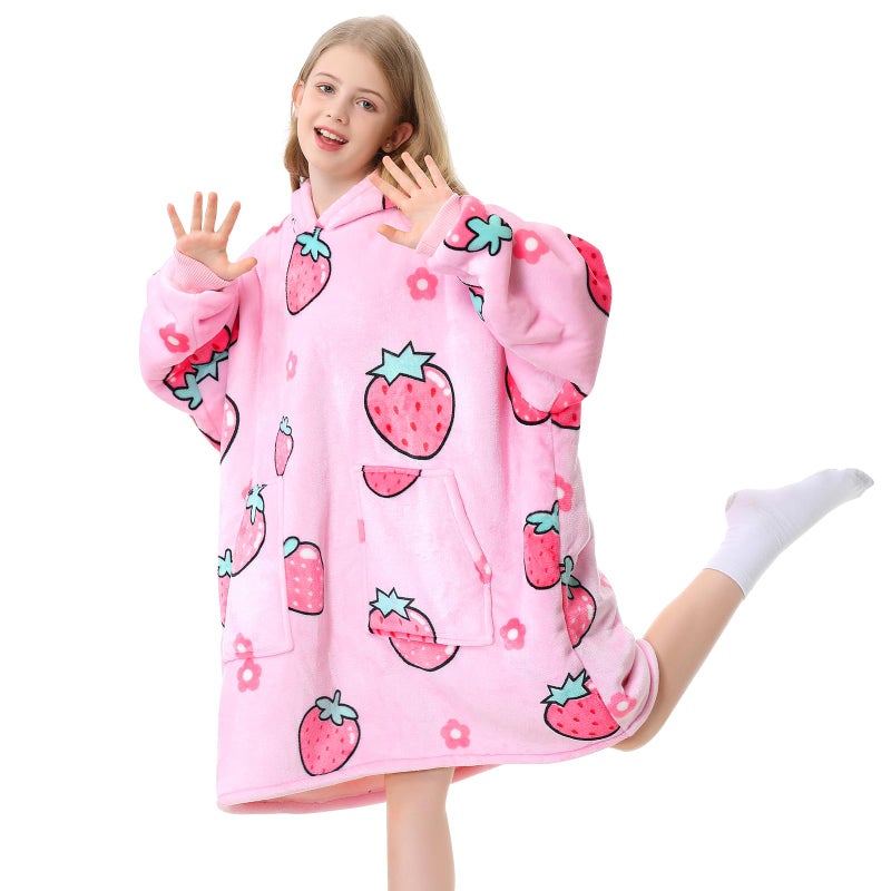 Aemicion Hoodie بطانية Aemicion للأطفال شيربا ذا كوزن ستيرت قميص يمكن ارتداؤها مع الفراولة الوردي كهدية للبنات ابنة الأصدقاء - Image 1