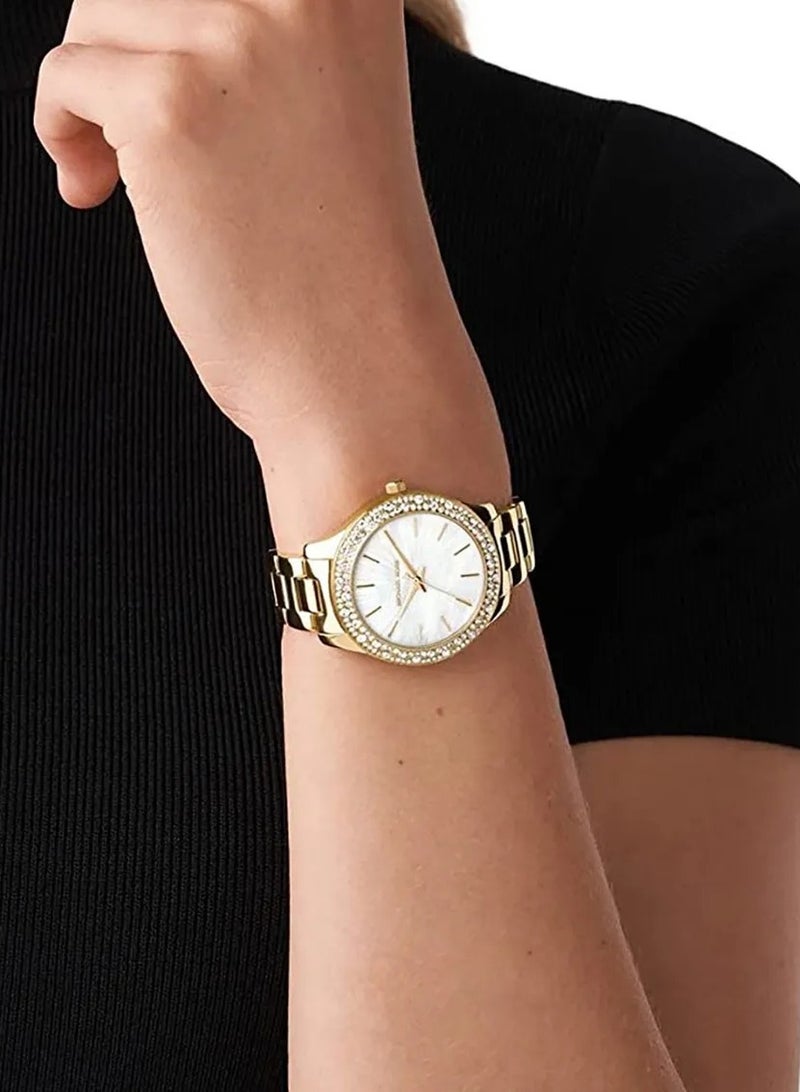 ام كي Liliane MK4555 ميناء من عرق اللؤلؤ وحزام من الفولاذ المقاوم للصدأ باللون الذهبي - Image 4