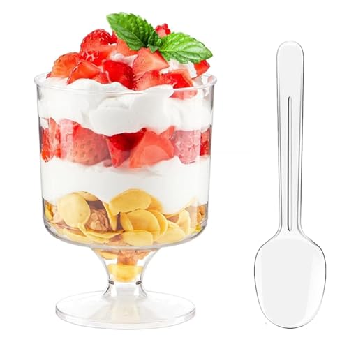 CEZOOWYEX 160 Pieces 5oz Small Dessert Cups with Spoons, Clear Parfait Cup for Party, Serves 80 Mini Plastic Goblet Wine Shot Cup for Fruit Ice Cream Mousse Pudding Appetizer Bowl - Image 1