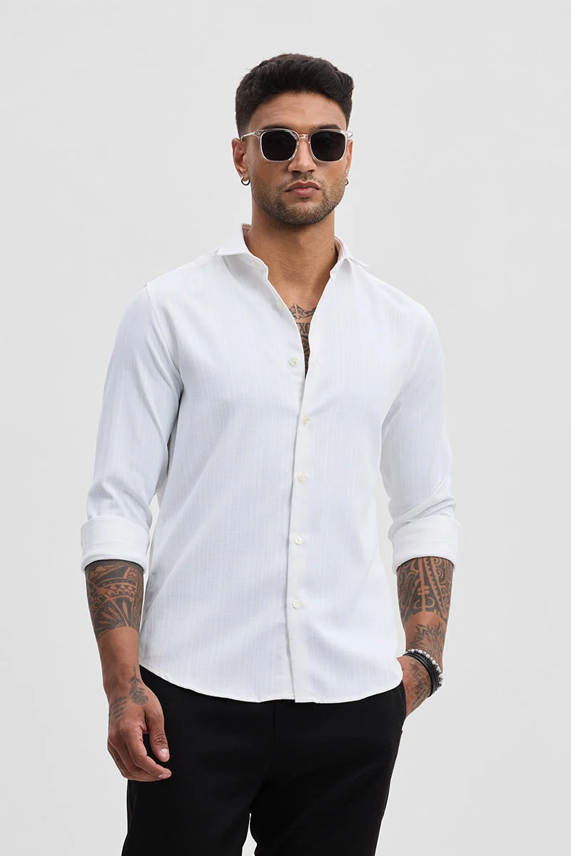 SNITCH White Textured Long Sleeve Slim Fit Casual Shirt