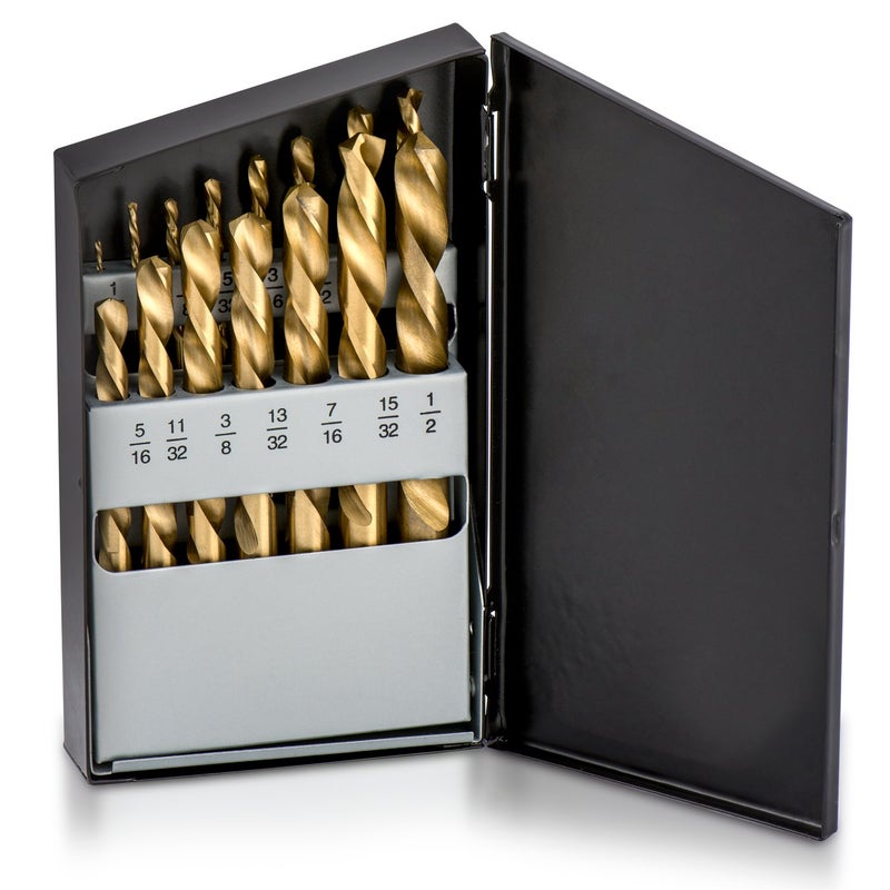 NEIKO 10037A Left-Hand Drill-Bit Set, High-Speed Steel Drills with Titanium Nitride Coating, Reverse-Twist Drill Bits, SAE Sizes, 15-Piece Set - Image 1