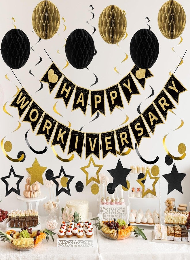Roetyce Work Anniversary Party Decorations Women Men, Black Gold Happy Workiversary Banner Hanging Swirls Kit, Happy Work Anniversary Backdrop Background for Employee Coworker Office Party Supplies - Image 3