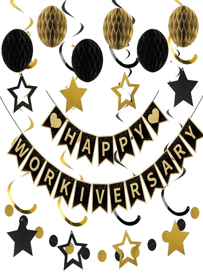 Roetyce Work Anniversary Party Decorations Women Men, Black Gold Happy Workiversary Banner Hanging Swirls Kit, Happy Work Anniversary Backdrop Background for Employee Coworker Office Party Supplies - Image 1