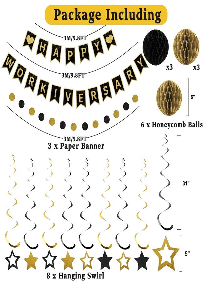 Roetyce Work Anniversary Party Decorations Women Men, Black Gold Happy Workiversary Banner Hanging Swirls Kit, Happy Work Anniversary Backdrop Background for Employee Coworker Office Party Supplies - Image 2