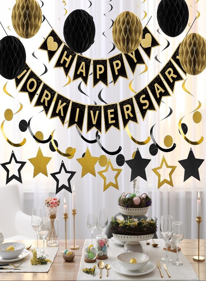 Roetyce Work Anniversary Party Decorations Women Men, Black Gold Happy Workiversary Banner Hanging Swirls Kit, Happy Work Anniversary Backdrop Background for Employee Coworker Office Party Supplies - Image 5